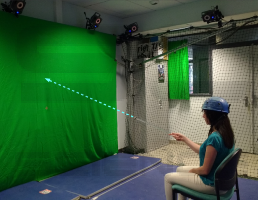 Illustration showing a previous experiment where a person tries to find an invisible target within a room, guided by sounds, her position being tracked by a motion capture system